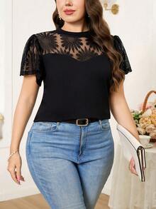 Reflora 大码女式夏季蕾丝拼接短袖上衣，外出上衣，商务休闲女装 - 黑色 - 查看 5