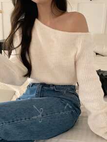 DAZY Women's Solid Color Oblique Shoulder Loose Knit Sweater, Spring And Autumn - Apricot - View 4