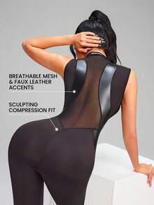 Innovista Women's Mesh Patchwork Zipper Front Equestrian Jumpsuit - Black - View 3