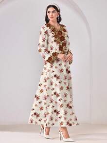 Al Najma 花卉图案长袖休闲端庄阿拉伯风格连衣裙 - 彩色 - 查看 5