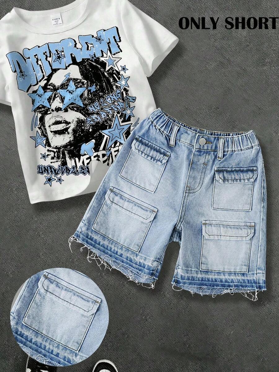 Young BoyLoose Fit Light Blue Denim Cargo Shorts - Light Wash - View 1