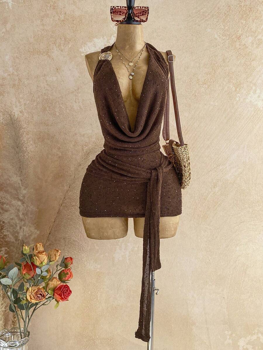 Soleia Plunging Neck Backless Sexy Mini Dress, Women's Party Dress, Shiny Sequin Brown Bodycon Dress, Party, Women's Party Dress, Women's Party Dress - Brown - View 1