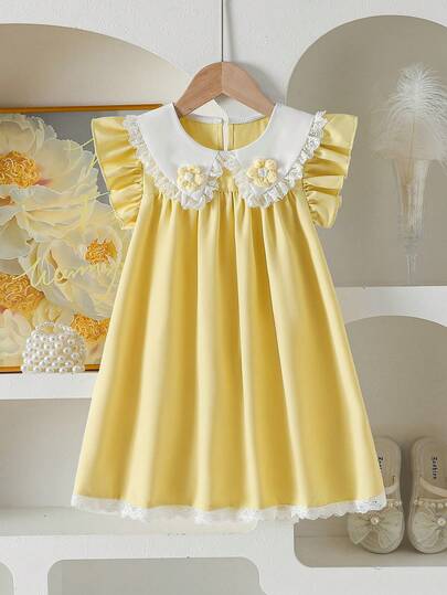 女童优雅甜美可爱短袖花卉提花收腰连衣裙，适合度假、假日、派对、夏季穿着