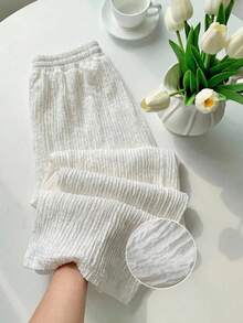 SHEIN EZwear 女士纯色弹力腰休闲宽松裤 - 杏色 - 查看 2