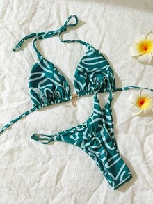 Elavelle 春假女士纯色吊带性感比基尼泳衣套装 - 彩色 - 查看 2