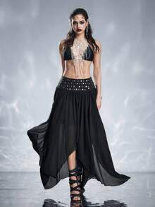 ROMWE Goth Metal Rivet Asymmetric Hem Maxi Skirt - Black - View 8