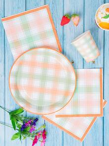 Yellow & Green Gingham Disposable Plates, Napkins And Paper Cups Party Set, Serves 24 Guests. This Disposable Paper Party Tableware Is Suitable For Birthdays, Weddings, Themed Parties And Family Picnics. - View 5