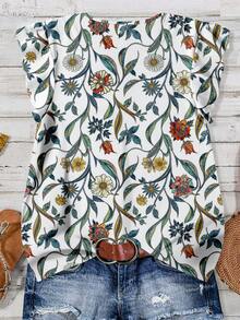 Mellowie 休闲简约度假风优雅复古树叶花卉印花图案，沙滩/度假装扮，夏季外出女式V领纽扣喇叭袖大码衬衫 - 彩色 - 查看 2