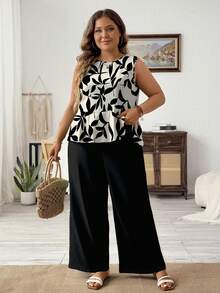 SHEIN LUNE Casual, Simple, And Romantic Floral Print Top + Black Pants Plus Size Women's Two Pieces Set, Perfect For Spring And Summer Vacation. - Multicolor - View 6