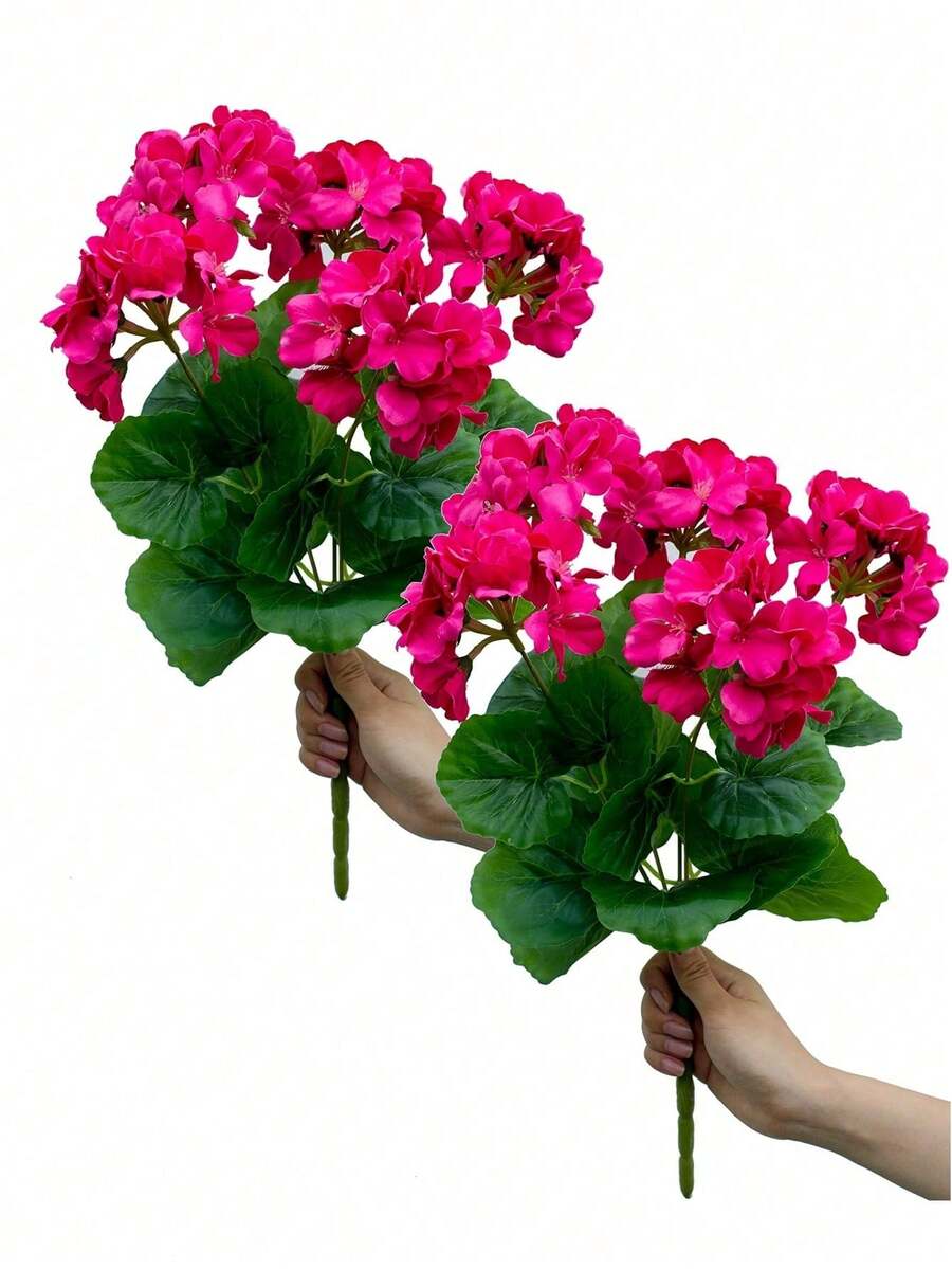 10Pcs/1Pc Rose Red Artificial Geraniums, Silk-Like Fake Geraniums, UV Resistant Outdoor Shrubs For Porch, Garden, Window Box, Home & Wedding Decor - Hot Pink - View 1