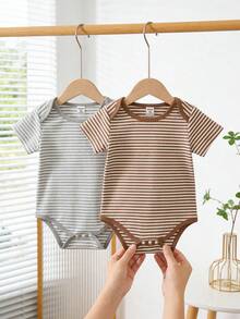 SHEIN 2pcs/Set Infant Baby Boys' Striped Envelope Collar Knit Short Sleeve Romper,Blue White Stripe,Summer,Casual,Family Matching Mocha Brown Bodysuits - Multicolor - View 7