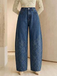 Anewsta 春夏蓝色独特刺绣阔腿喇叭牛仔裤，高腰宽松筒状修身喇叭裤，女士款 - 藍色 - 查看 1