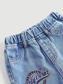 SHEIN Baby/Toddler Boys' Aqua Blue Summer Street Life Casual Graphic Street Fashion Y2k Distressed Letter Print Ripped Frayed Loose Fit Denim Baggy Jeans - Light Wash - View 9