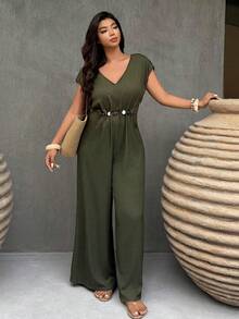 Weeklong Plus Size Women's Casual V-Neck Beaded Decor Jumpsuit, Spring/Summer - Army Green - View 3