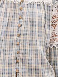 Nöista Lantern-Sleeved Top, Combining Lace And Plaid Fabric, Features Delicate Lace, A Slightly V-Neck, And Vintage Wooden Buttons, Making It A Perfect Choice For Spring/Summer Vacation Wear And Showcasing Feminine Elegance. - Blue - View 8