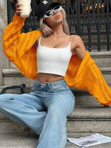 Batwing Sleeve Hollow Out Lightweight Knit Cardigan - Orange - View 3
