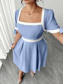 Elenzga Vestido de línea A de manga corta con bloqueo de color y lazo en la cintura para mujer de talla grande - Azul - Ver 7