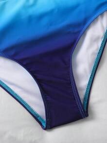SHEIN 少女夏季针织纯蓝色无肩带系带金属饰品比基尼套装，泳装套装/沙滩女孩装/两件式泳衣/青少年比基尼套装 - 藍色 - 查看 6