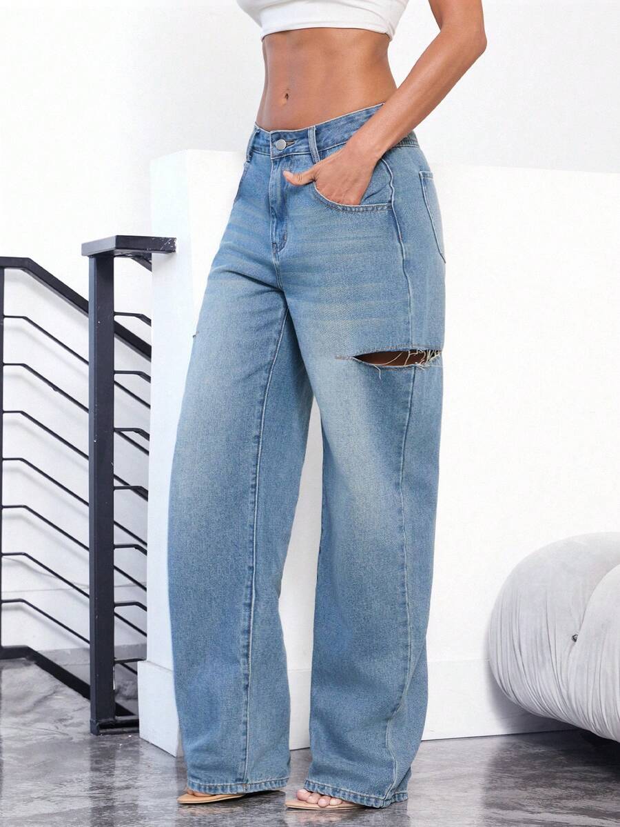 Denimoi 筒状裤腿镂空牛仔裤 时尚街头风筒状牛仔裤 - 淺色水洗藍 - 查看 1