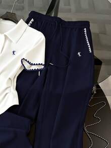 Resyla Polo Collar T-Shirt + Pants Set, Embroidered, Special Craftsmanship Shell Embroidery, Fashionable Minimalist Women's Polo Collar T-Shirt + Pants Set, Gift For Friends - Navy Blue - View 4