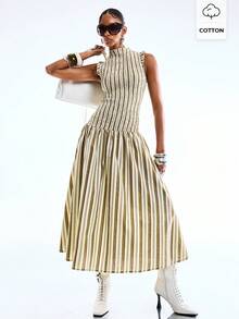 LYSMO Đầm dài cổ đứng kẻ sọc dành cho nữ - Màu xanh Bạc hà - Xem 1