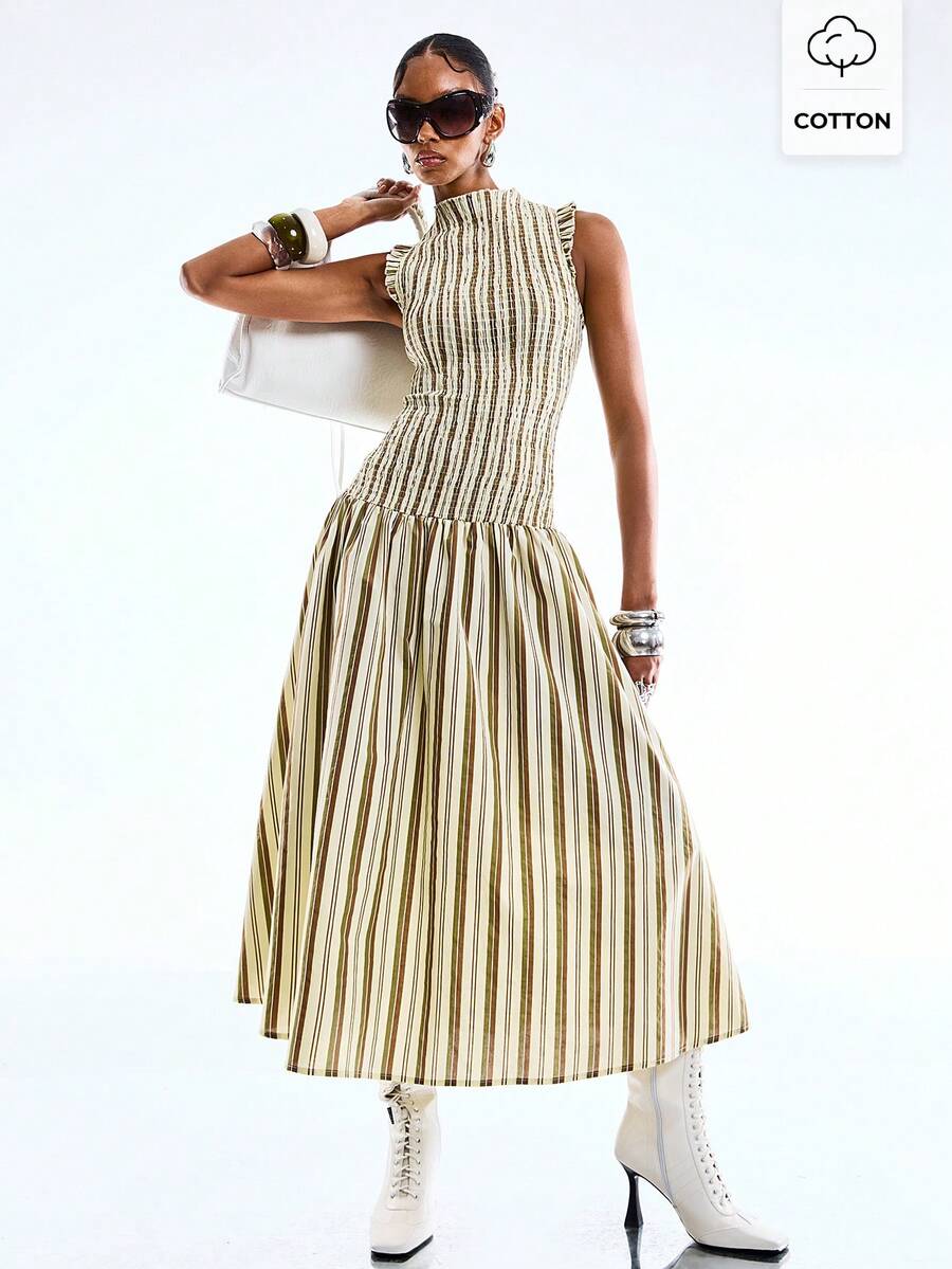 LYSMO Đầm dài cổ đứng kẻ sọc dành cho nữ - Màu xanh Bạc hà - Xem 1