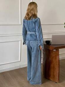 DAZY Women's Denim Jacket With Collar & Belt, Waist Cinched, And Loose Fit Jeans Set, Casual City Style - Medium Wash - View 6