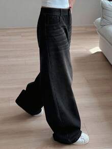 Dazy Tall Tall Women's Relaxed Fit Straight Leg Jeans, Casual Streetwear Fashion For Daily Commute - Black - View 7