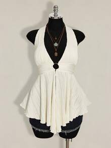 SHEIN ICON Plus Size Y2K Style Hollow Out Asymmetrical Hem Babydoll Halter Neck Knit Camisole - Apricot - View 3