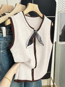 Franclia Brown Stripe Summer Elegant Tea Party Office Women's Knit Vest Minimalist Round Neck Sleeveless Top With Polka Dot Paisley Patchwork Contrast Trim - Multicolor - View 3