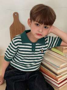 Dazy Kids Cartoon Bear Pattern Striped Short Sleeve Casual Polo Sweater For Young Boy Summer - Dark Green - View 3