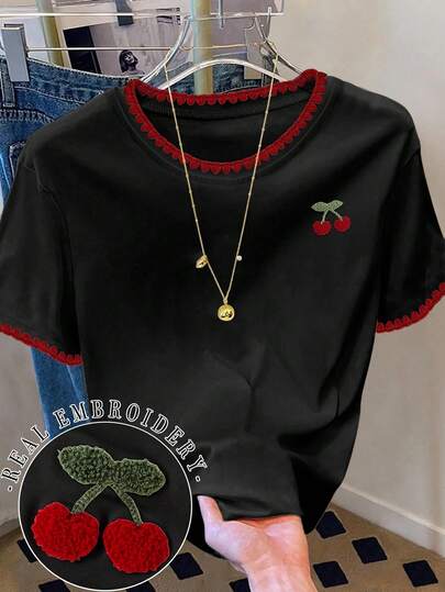 Resyla 女士时尚休闲落肩圆领贝壳刺绣T恤，樱花刺绣T恤，樱花毛巾刺绣T恤，休闲舒适户外T恤，四季皆宜T恤，水果T恤