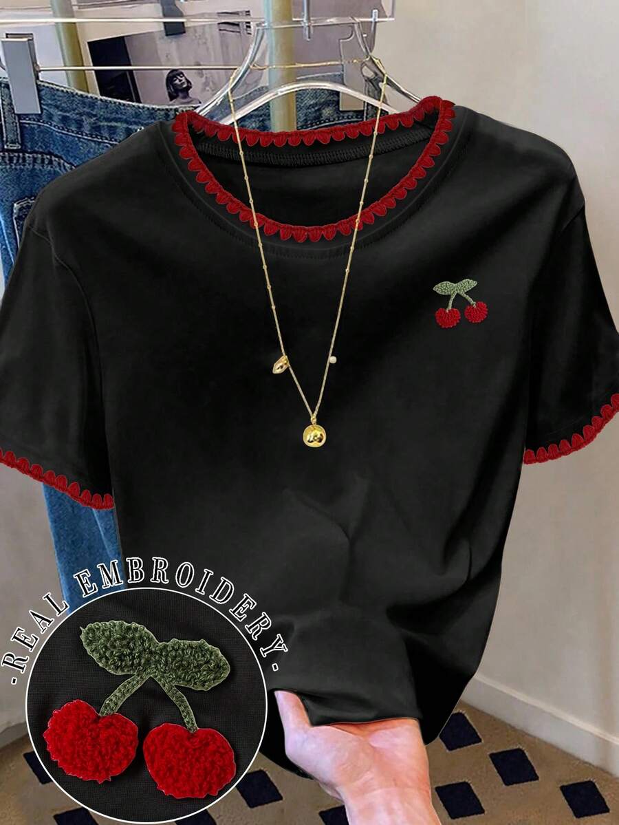 Resyla 女士时尚休闲落肩圆领贝壳刺绣T恤,樱花刺绣T恤,樱花毛巾刺绣T恤,休闲舒适户外T恤,四季皆宜T恤,水果T恤 - 黑色 - 查看 1