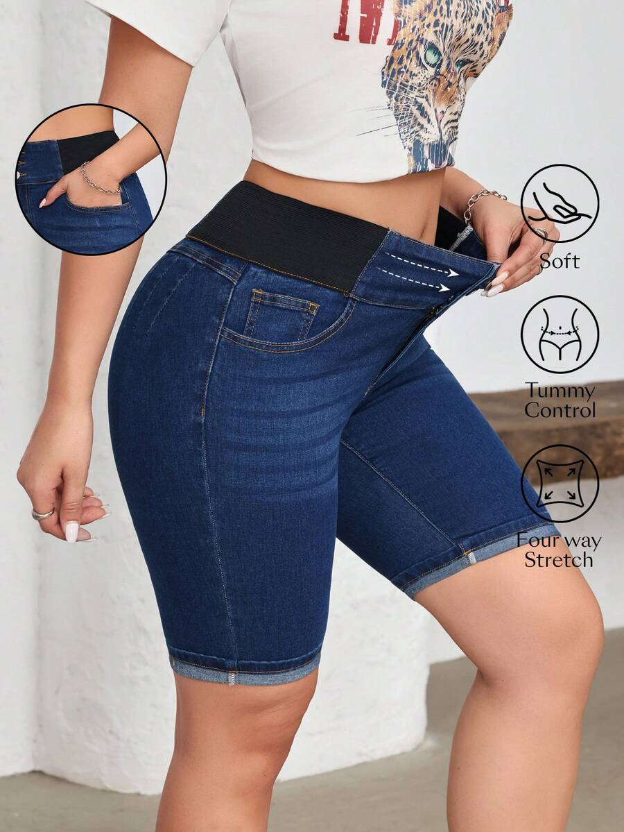 Slaydiva Women's Casual Elastic Waist Cuffed Hem Denim Shorts - Dark Wash - View 1