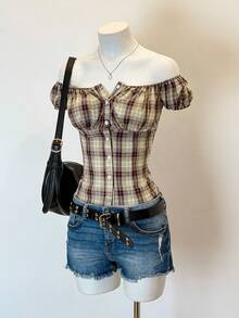 EgrlEra Áo sơ mi nữ trễ vai kẻ caro dáng suông, có dây thắt eo, tôn dáng, thích hợp cho mùa xuân/hè. - xanh quân đội - Xem 4