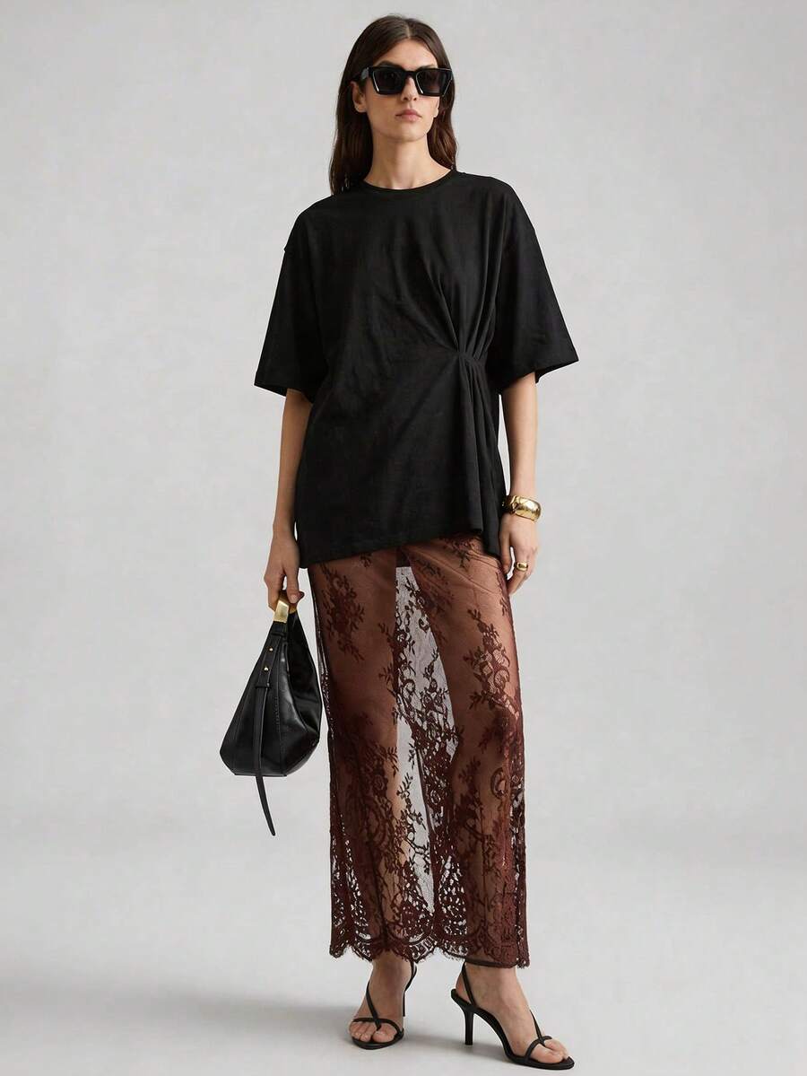 Ontre Mẫu váy dài ren xuyên thấu đa năng dành cho nữ, bộ sưu tập Xuân/Hè 2026, thích hợp cho công sở, đi làm, dự tiệc, đám cưới hoặc đi nghỉ mát. - màu nâu - Xem 1