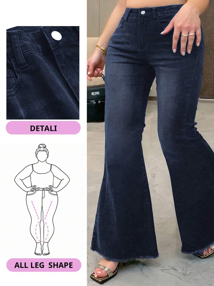 Dazy Plus 弹力水洗做旧环绕喇叭长牛仔裤，适合所有季节 - 深色水洗藍 - 查看 1