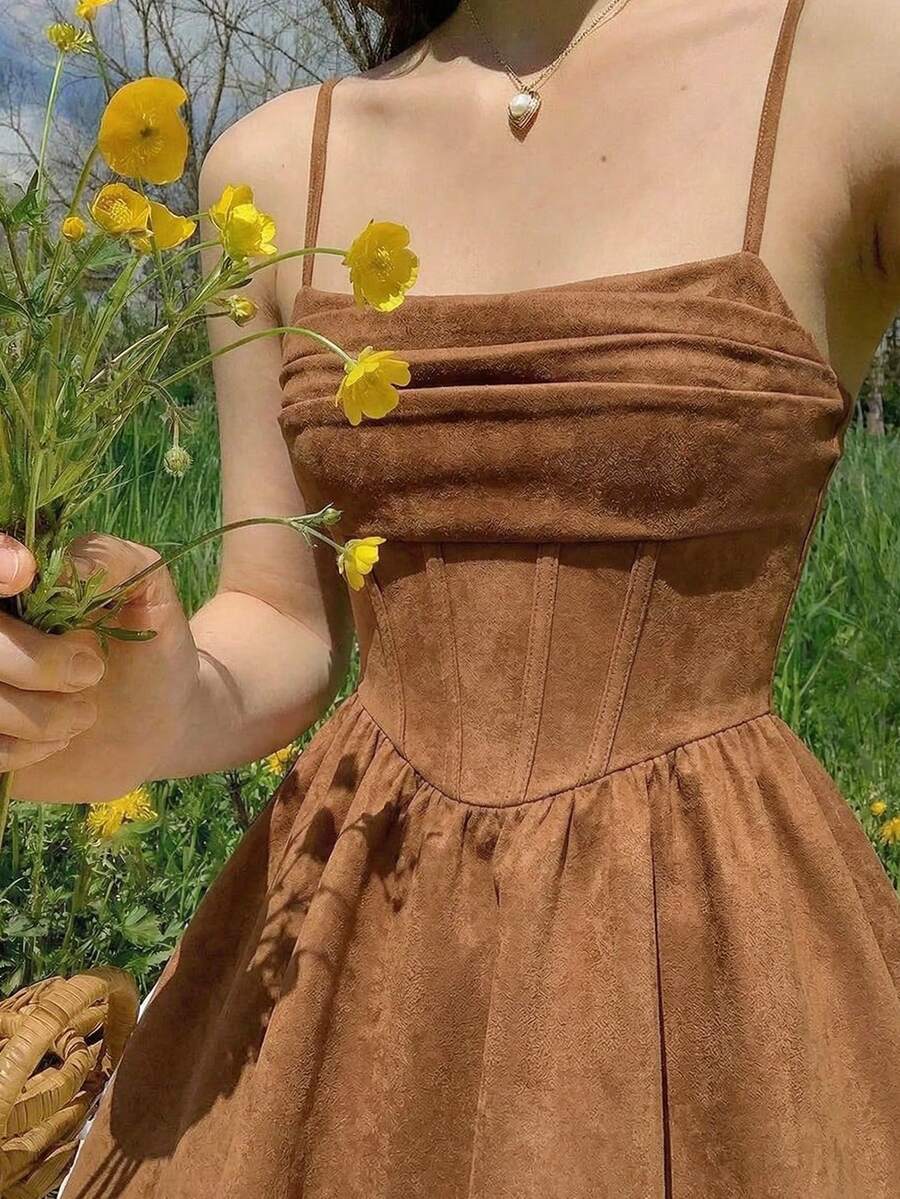 SHEIN MOD Pleated Brown Suede Cami Summer Dress, Music Festival,Summer Dress,Spring Dress,Casual Dresses, Holiday Outfits,Vacation Outfits,Brown Dress Bustier Dress Brown Short Dress Coffee Brown Dress Waist Cinching Dress - Brown - View 1