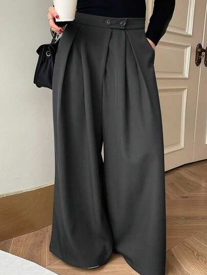 Dazy Plus Plus Size Loose Solid Color Wide Leg Two-Button Pleated Long Casual Pants, All Seasons,Women Dress Pants,Teacher Pants Fall
