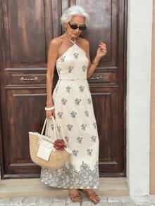 SHEIN Holidaya Vestido de mujer con estampado floral elegante, cuello halter y espalda descubierta, estilo vacacional - Albaricoque - Ver 1