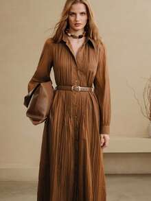 Arave Women's Dark Brown Elegant Long Sleeve Shirt Dress,Button-Down Pleated Nylon Fabric Casual Dress With Tie Waist,Autumn Office Outfits For Vacation - Coffee Brown - View 7