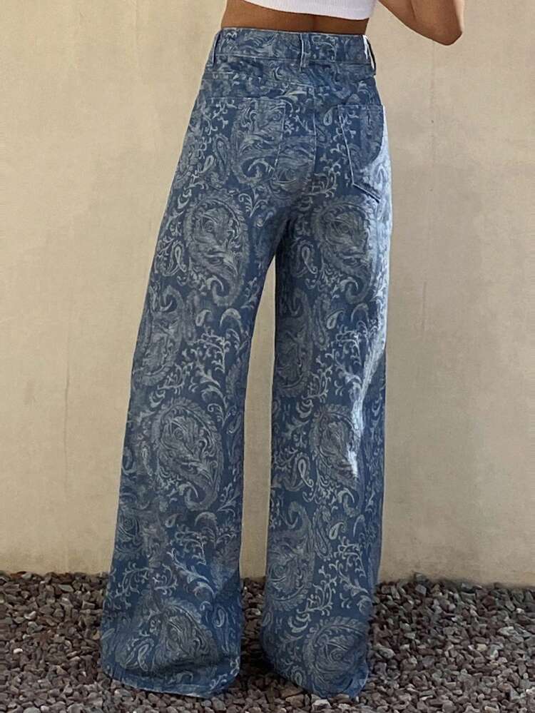 Women's Loose Fit All-Over Print Wide Leg Washed Denim Jeans