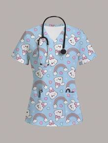 TaskEZ Easter Cute Rabbit Print Women's Scrub Uniform Top - Multicolor - View 1