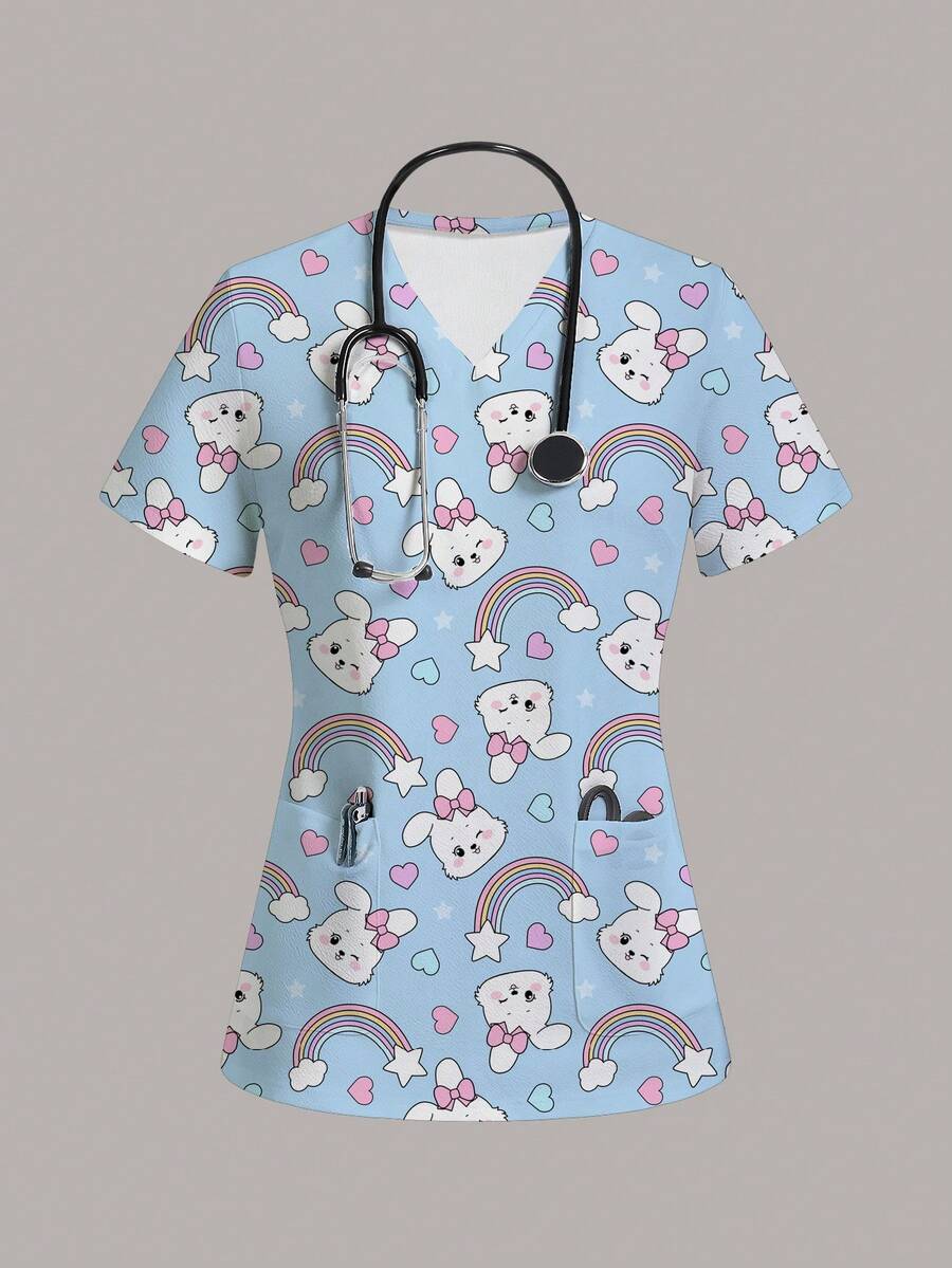 TaskEZ Easter Cute Rabbit Print Women's Scrub Uniform Top - Multicolor - View 1