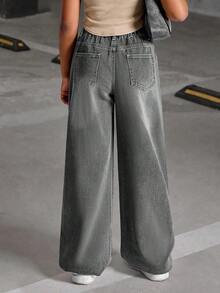 SHEIN Explorewe Quần jeans ống rộng denim mài bạc kiểu retro đa năng, dễ phối đồ cho bé gái tuổi teen. - Xám - Xem 2