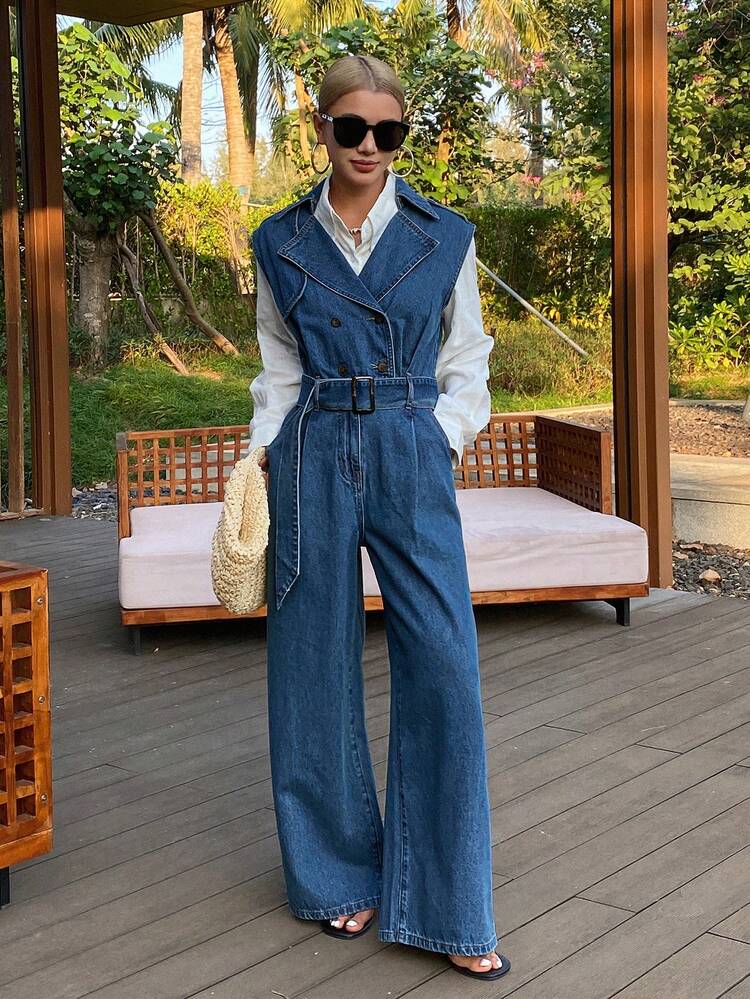Women's Lapel Sleeveless Long Casual Denim Jumpsuit And Bib Pants