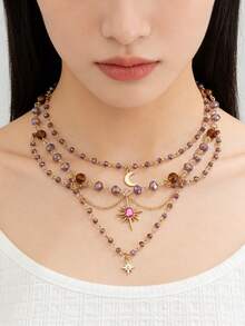 ROMWE Fairycore 1. 多层水晶串珠星月吊坠项链。 - 金黃色 - 查看 2