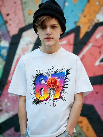 青少年男童时尚67号篮球图案圆领短袖T恤，时尚休闲装，适合派对、假期、春夏穿着。