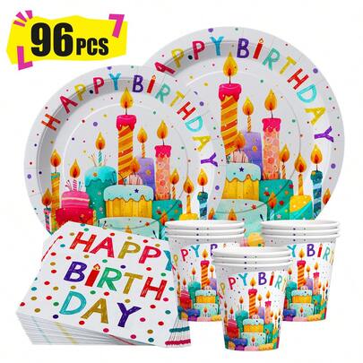Colorful Dots Happy Birthday Disposable Plates, Napkins And Cups, Party Supplies Set, Serves 24 People, Disposable Paper Party Tableware, Suitable For Birthdays, Weddings, Themed Parties And Family Picnics.