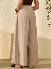 Bóhologie Bow Front Slant Pocket Fold Pleated Wide Leg Pants - Beige - View 2